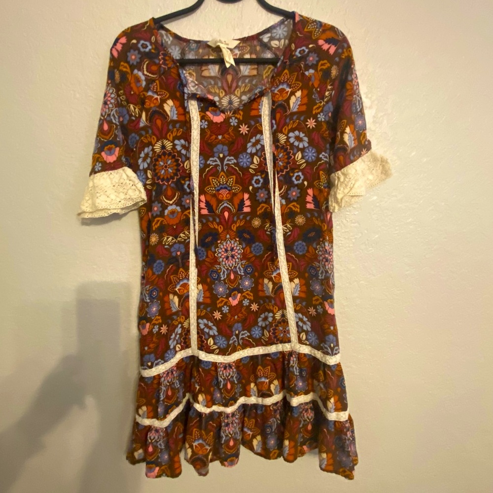 Matilda Jane XS floral boho lace midi dress with pockets bell sleeves